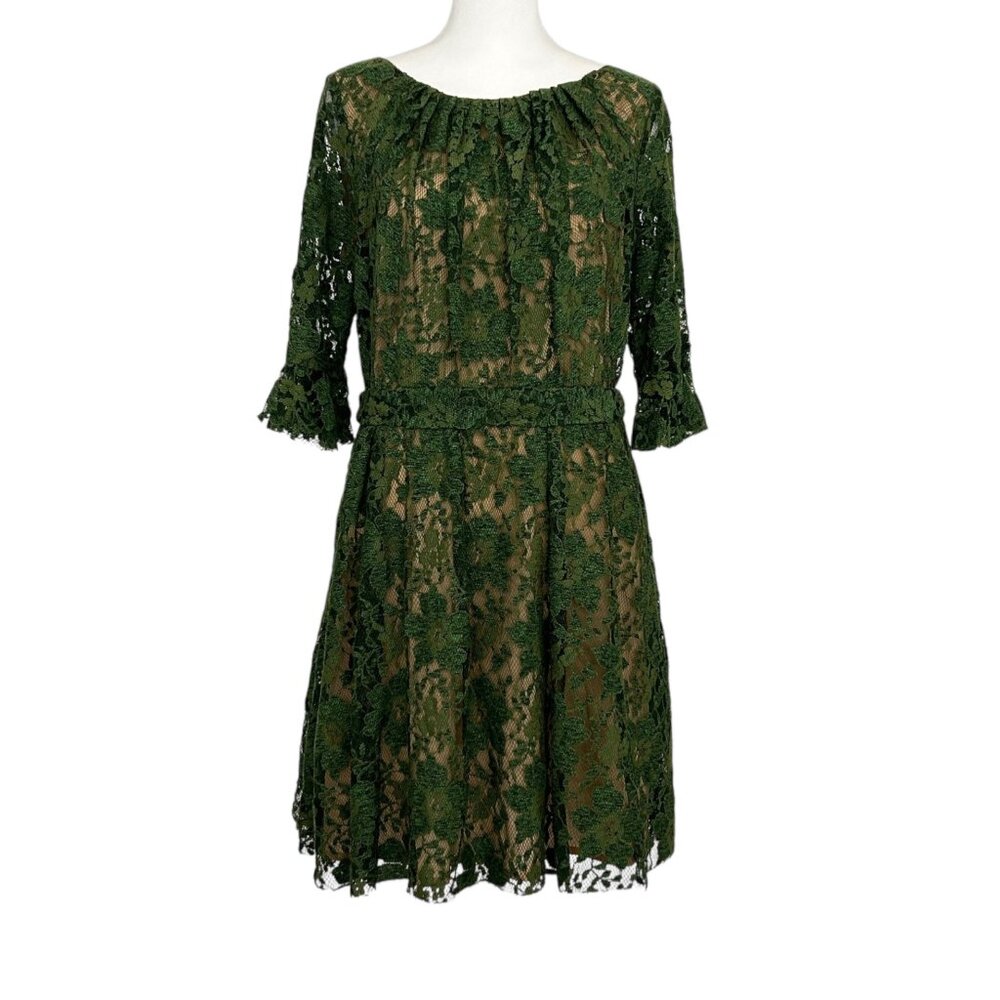 Eva Franco Anthropologie Green Ruffle Sleeve Semi-Sheer Lace Overlay Dress 10